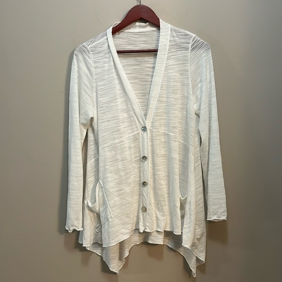 Long White Cardi long sleeve V- neck button front Lightweight High/Low Top - Picture 1 of 8